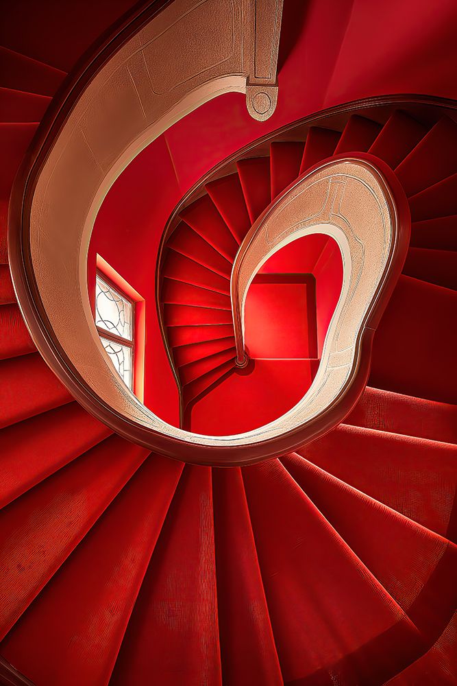 Curved stairway with window and carpet. (AI Generated)